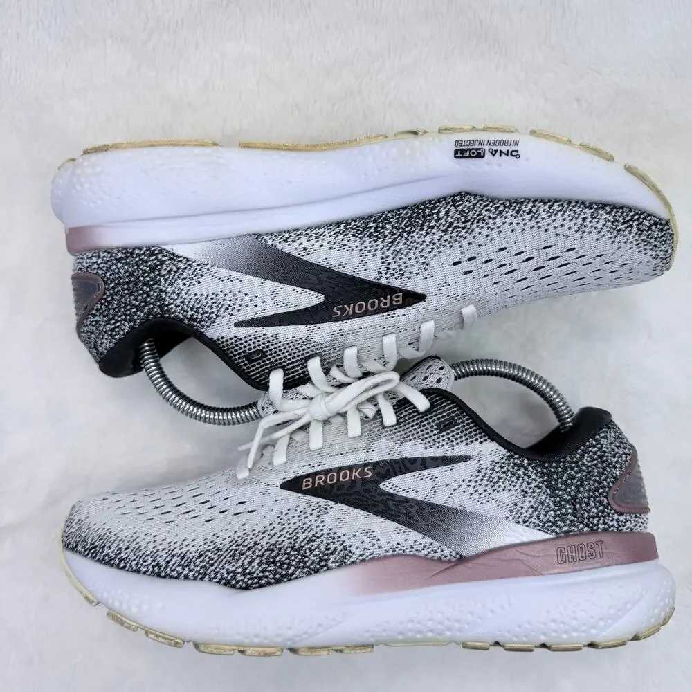 Brooks Ghost 16 Womens Running Shoes White Black Rose Gold Size 10 Athletic Shoe